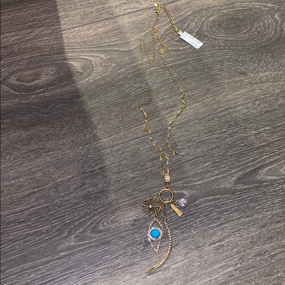 New Turquoise Evil Evil Rhinestone Horn Starburst Charm Long Necklace 18k plated - Picture 2 of 4